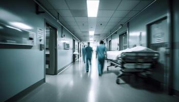 Blurred motion of men walking through modern hospital corridor photo