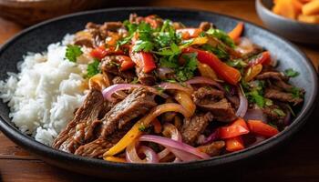 Healthy meal of grilled beef, pork, and vegetables stir fried photo