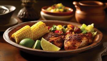 Grilled chicken with vegetable plate, freshness and healthy eating photo