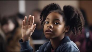 Smiling African American child in casual clothing studying in classroom photo