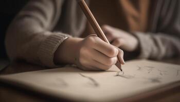 Caucasian student working on paper, holding pencil, learning creativity photo