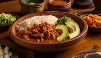 recién cocido carne de vaca estofado con arroz, verduras, y sabroso salsa generativo ai foto