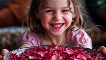 Cute girl smiling with joy, holding flower, enjoying summer day photo