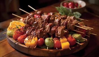 Grilled skewers of meat and vegetables, a gourmet barbecue meal photo