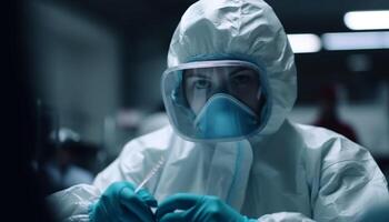 Caucasian surgeon in protective workwear looking at camera in hospital photo