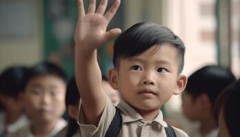 elemental estudiantes en Beijing salón de clases sonriente, aprendiendo, y teniendo divertido generativo ai foto