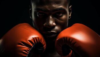 Muscular athlete boxing with determination, confidence, and aggression in studio photo