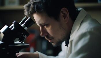 Caucasian scientist examining microscope, analyzing scientific experiment indoors with equipment photo