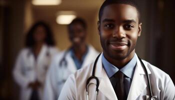 un diverso grupo de cuidado de la salud profesionales sonriente para el cámara generativo ai foto