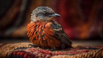 pequeño pájaro encaramado en rama, plumas multi de colores, cerca arriba retrato generativo ai foto