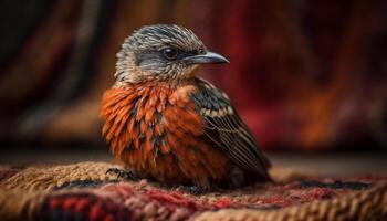 Small bird perching on branch, feathers multi colored, close up portrait photo