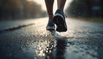 Running athlete splashes through rain on footpath, healthy lifestyle photo