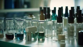 Transparent vials in a row, analyzing liquid for medical research photo