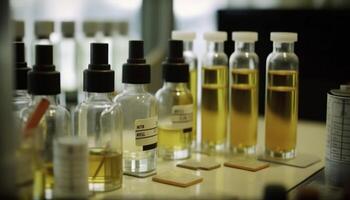 líquido medicina en frasco y jeringuilla para vacunación investigación generativo ai foto