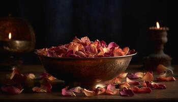 Organic rose petals in candlelit bowl create scented relaxation ambiance photo