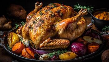Homemade roast turkey with grilled vegetables and fresh herbs photo