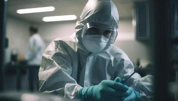 Medical professionals in protective gear conduct scientific experiments indoors photo