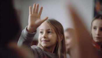 Smiling Caucasian girls enjoying playful indoor childhood with cheerful innocence photo