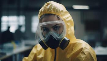 uno científico en protector ropa de trabajo analizando peligroso bacteria en laboratorio generativo ai foto