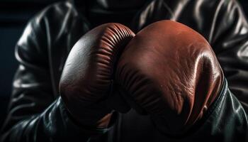muscular hombres en negro guantes confrontar en boxeo anillo generativo ai foto