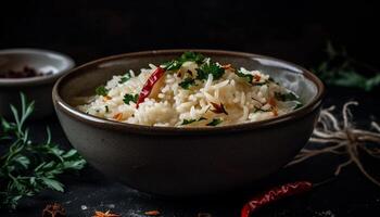 Fresh vegetarian risotto with basmati rice, cilantro, and parsley sauce photo