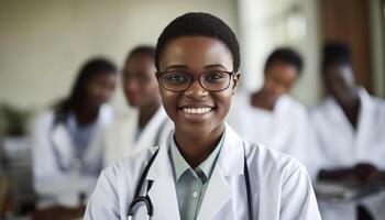 sonriente médico mirando a cámara con felicidad adentro a hospital generativo ai foto