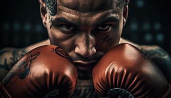 Muscular athlete with determination and aggression in boxing studio shot photo