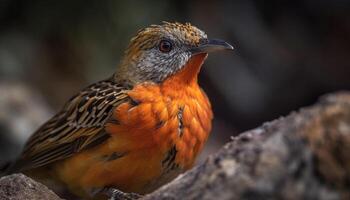 Colorful starling perched on branch, gazing at tranquil forest photo