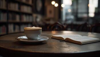 café tienda adentro, madera material, espumoso beber, leyendo literatura generativo ai foto