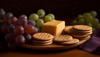 Gourmet cheese plate with fresh fruit and bread selection photo