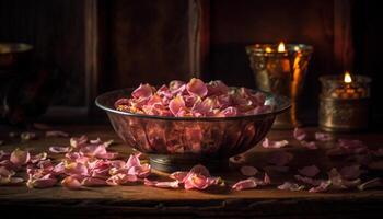 Organic wood bowl holds gourmet meal, surrounded by natural beauty photo