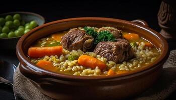 Braised beef stew with fresh vegetables, ready to eat on plate photo