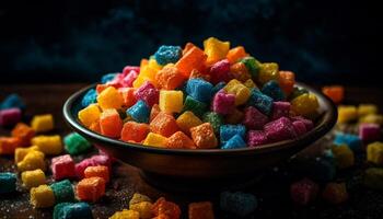 vibrante caramelo arco iris montón, un dulce infancia refresco abundancia generativo ai foto