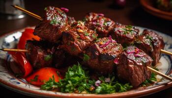 Grilled meat skewers on wooden plate with fresh vegetables photo