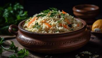 Healthy vegetarian meal with basmati rice, fresh vegetables and herbs photo