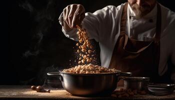 One man preparing gourmet coffee, mixing organic ingredients indoors photo