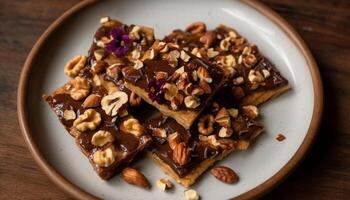 Freshly baked homemade brownie with nuts and chocolate indulgence photo