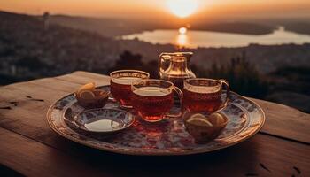 Wooden table, drinking glass, outdoors photo