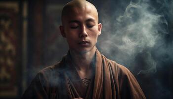 One man meditating, spirituality and religion in portrait indoors photo