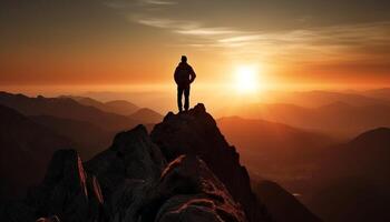 Standing on mountain peak, silhouette back lit by sunset photo