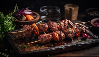 Grilled meat skewers with fresh vegetables, a gourmet appetizer plate photo