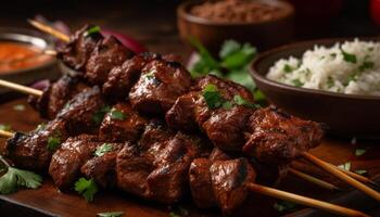 A la parrilla carne brochetas con cerdo, carne de res, y vegetales en plato generativo ai foto