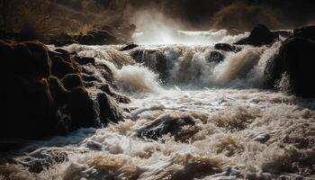 rápido aguas fluir, salpicaduras en contra rocoso marina, belleza en naturaleza generativo ai foto