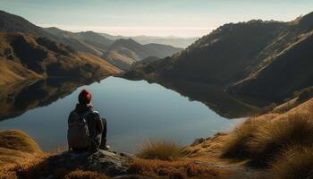 One person hiking mountain peak, enjoying nature beauty in solitude photo