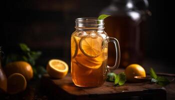 Organic citrus mojito, a refreshing summer cocktail on rustic table photo