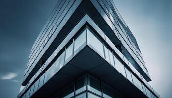 Tall modern skyscraper with blue glass facade and geometric pattern photo