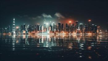 iluminado rascacielos reflejar en frente al mar, un moderno paisaje urbano a oscuridad generativo ai foto