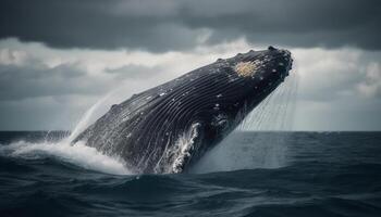 majestuoso jorobado ballena infracciones, salpicaduras en azul mar olas generativo ai foto