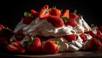 Fresh berry dessert with whipped cream on rustic wooden plate photo