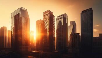 alto rascacielos iluminar el moderno ciudad horizonte a puesta de sol generativo ai foto